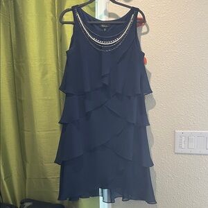 SL Fashions Navy Tiered Ruffle Mini Dress with Beaded Neckline